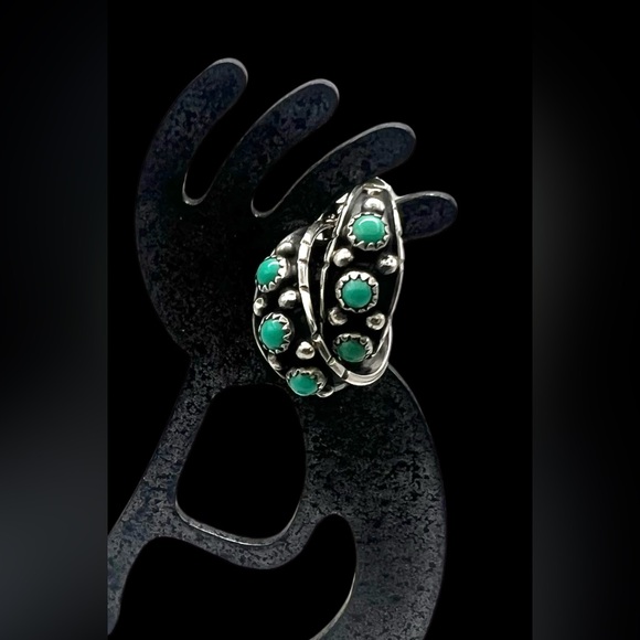 Navajo Handmade Sterling Silver Green Turquoise Multi Stone Hoop Earrings - Picture 3 of 5